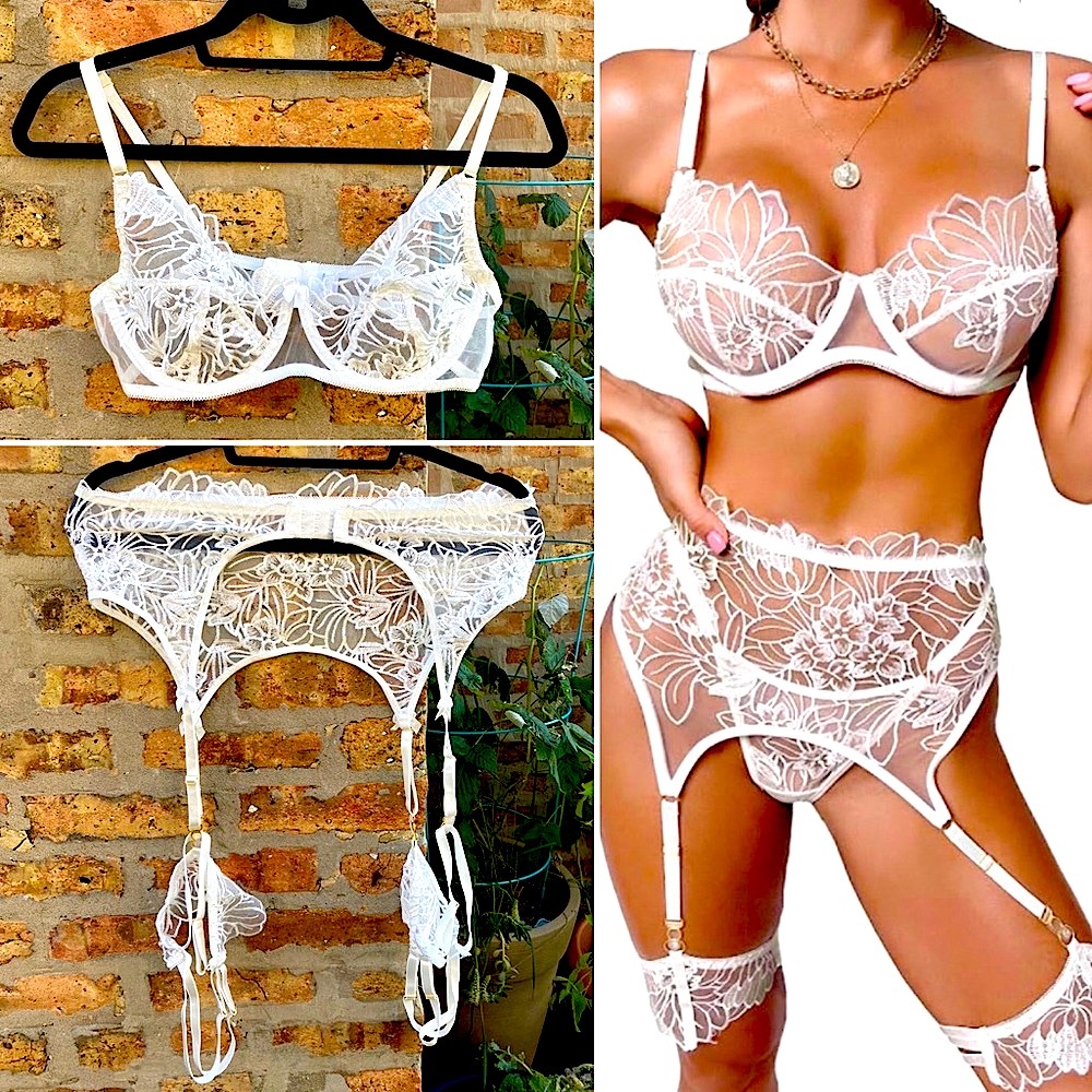 Four-Piece White Floral Embroidered High-Waisted Garter Lingerie Set • L • NWOT